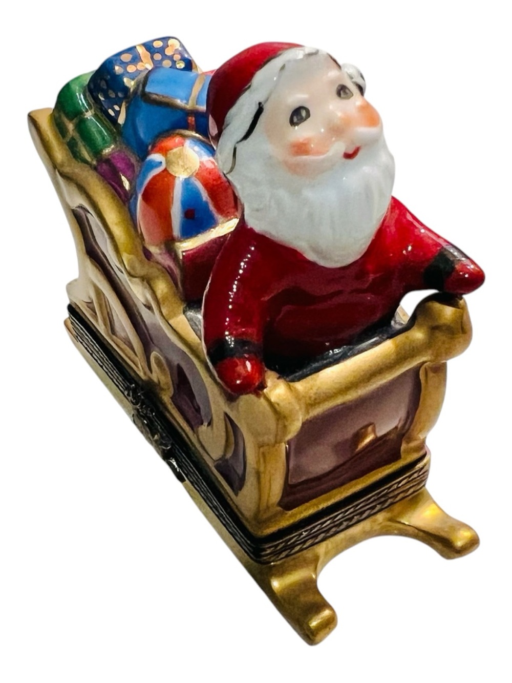 Limoges France Santa Sleigh Trinket Box Hand Painted Reindeer Clasp 3”